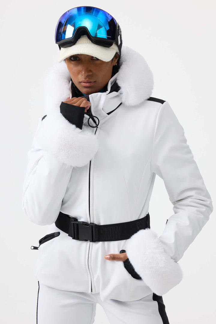 Women's White 3D-Cut Faux Fur Stretch Insulated Ski Jacket