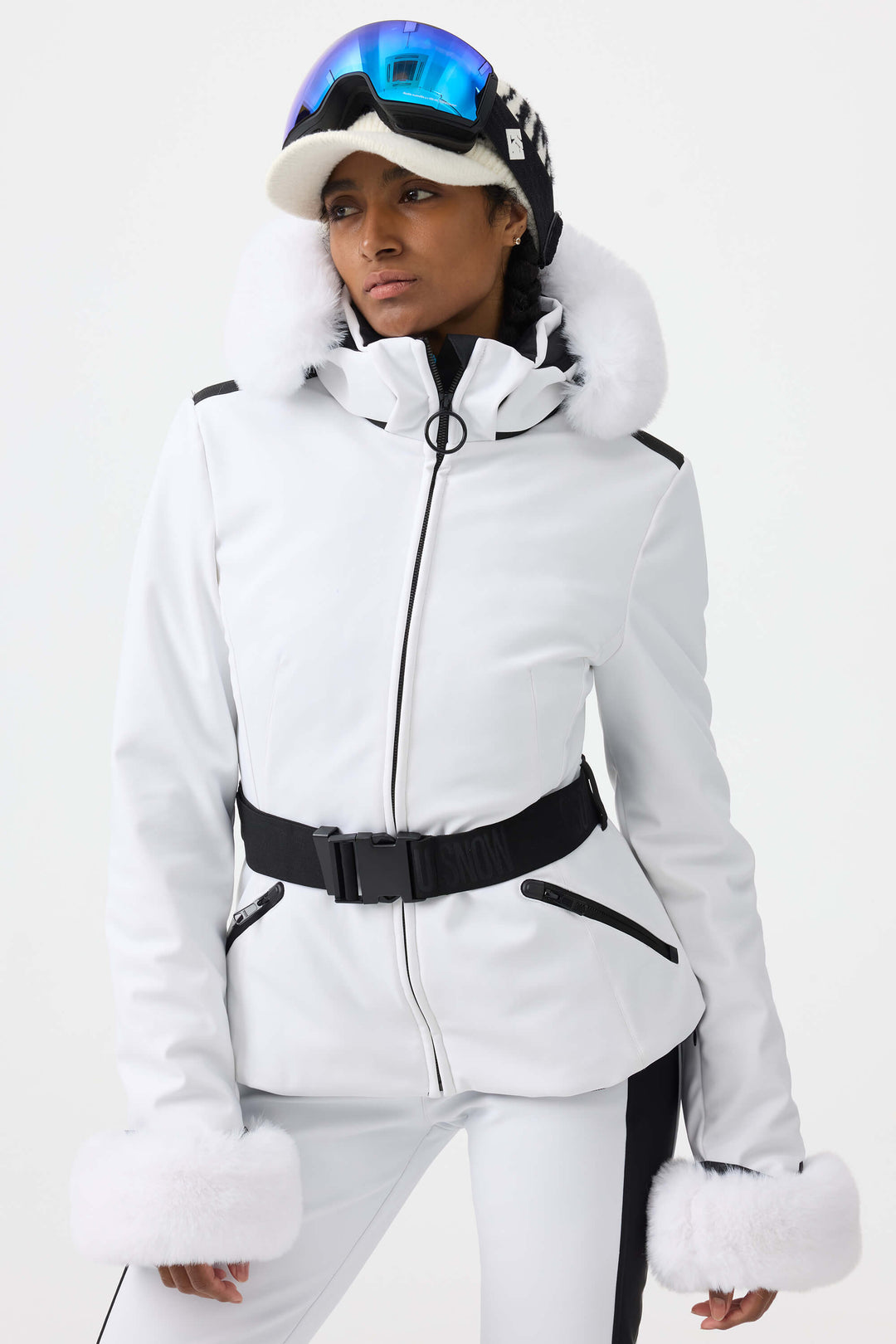 Women's White 3D-Cut Faux Fur Stretch Insulated Ski Jacket