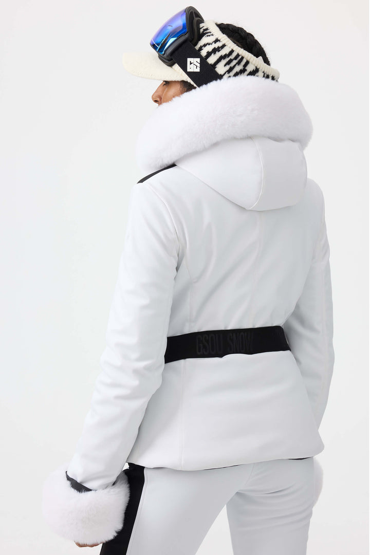 Women's White 3D-Cut Faux Fur Stretch Insulated Ski Jacket