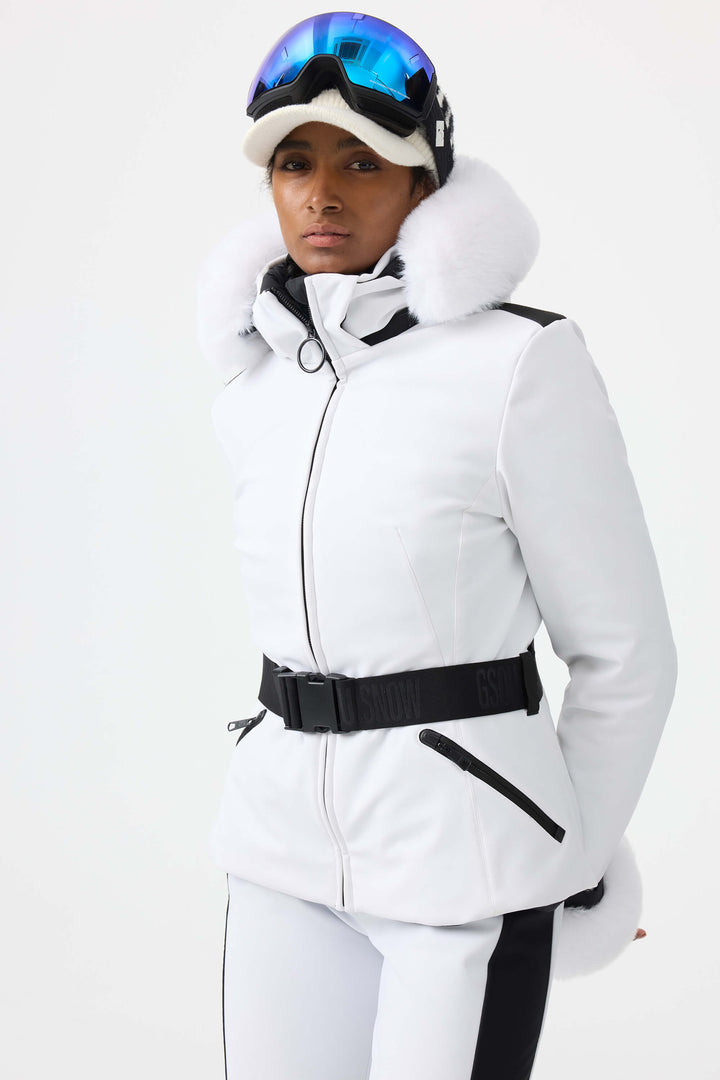 Women's White 3D-Cut Faux Fur Stretch Insulated Ski Jacket