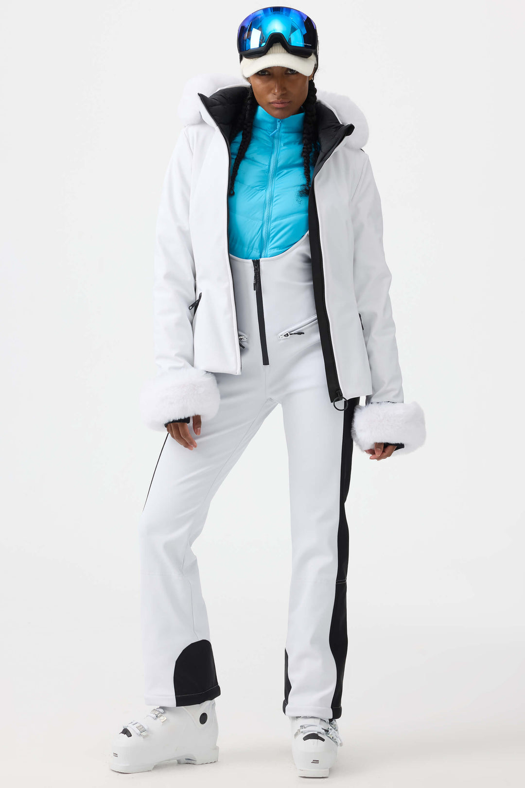 Women's White 3D-Cut Faux Fur Stretch Insulated Ski Jacket