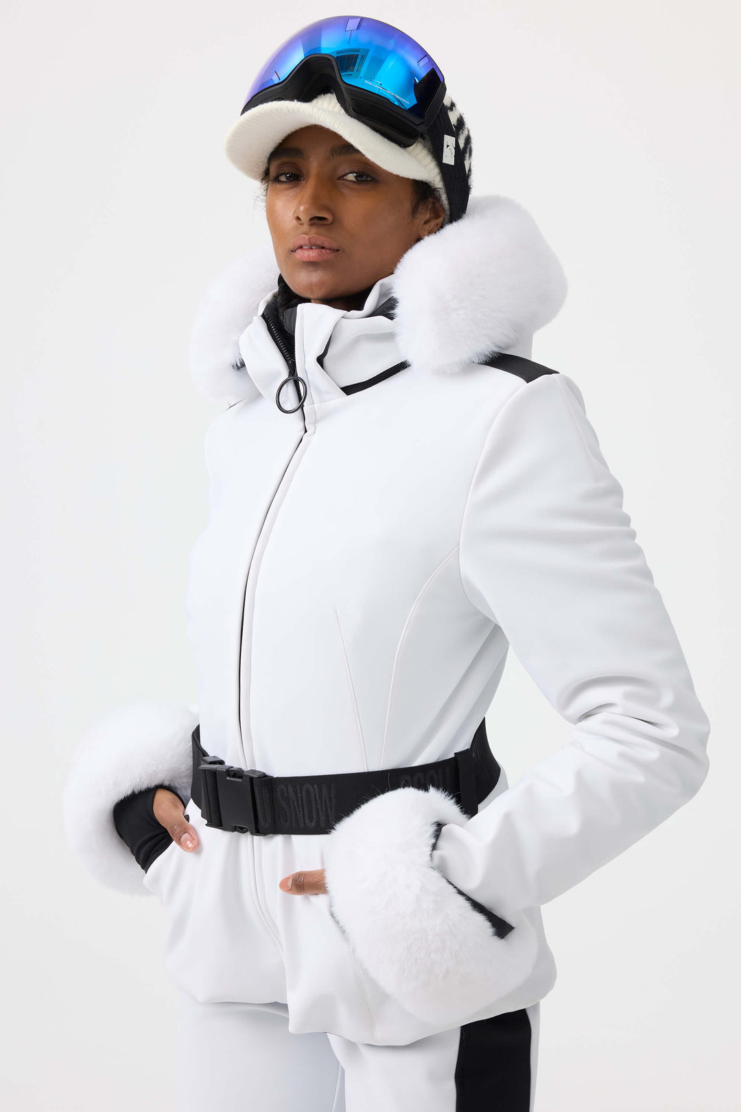 Women's White 3D-Cut Faux Fur Stretch Insulated Ski Jacket