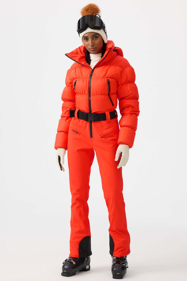 Women's Neon Red Stain-resistant Down One-Piece Ski Suit