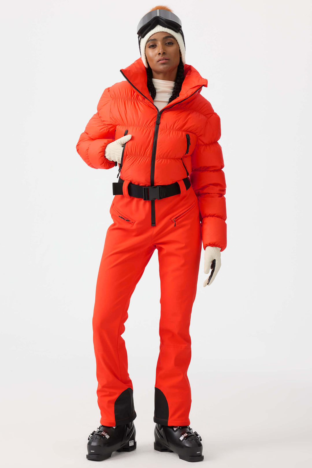 Women's Neon Red Stain-resistant Down One-Piece Ski Suit