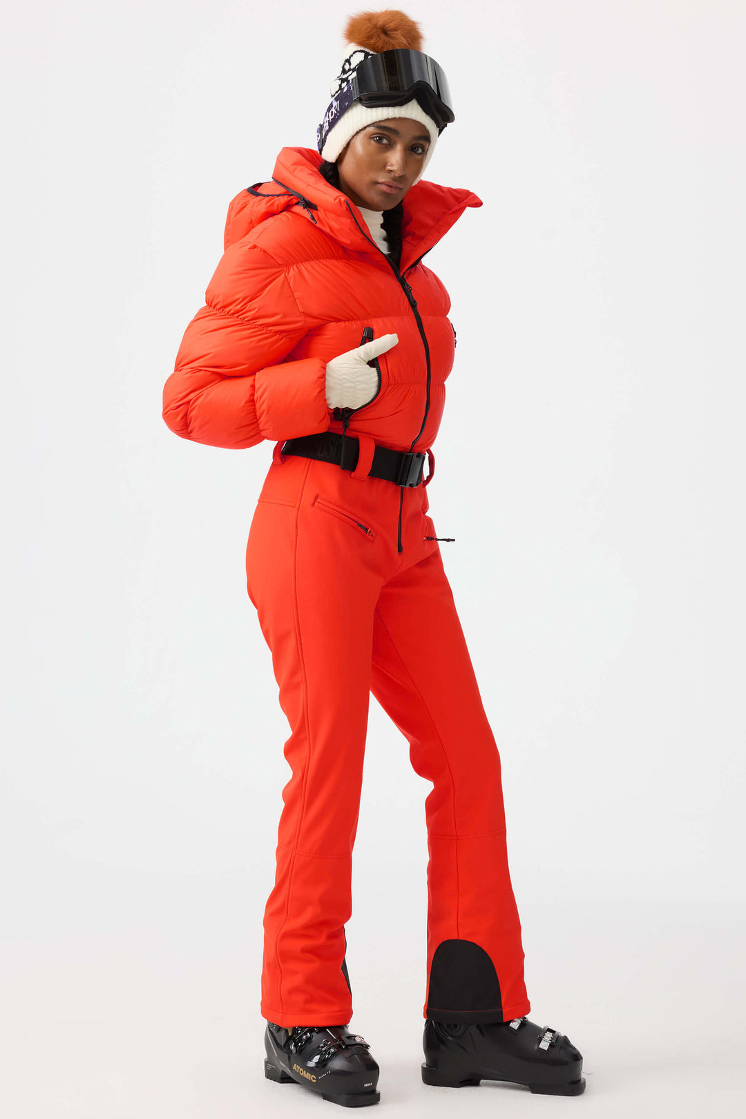 Women's Neon Red Stain-resistant Down One-Piece Ski Suit