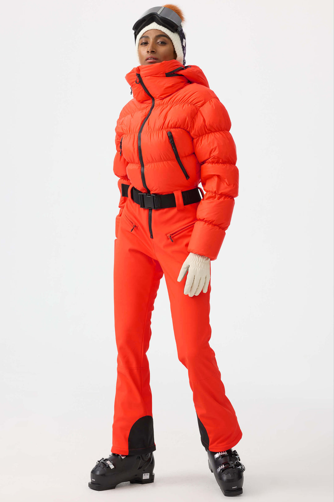 Women's Neon Red Stain-resistant Down One-Piece Ski Suit