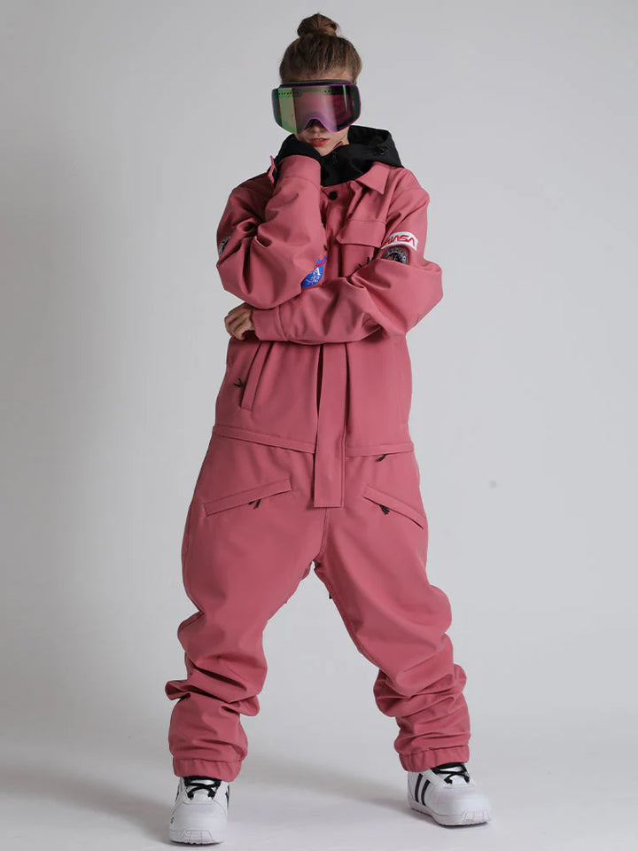 Women's Yellow Breathable Multi-Pocket Loose-Fit One-Piece Snow Suits