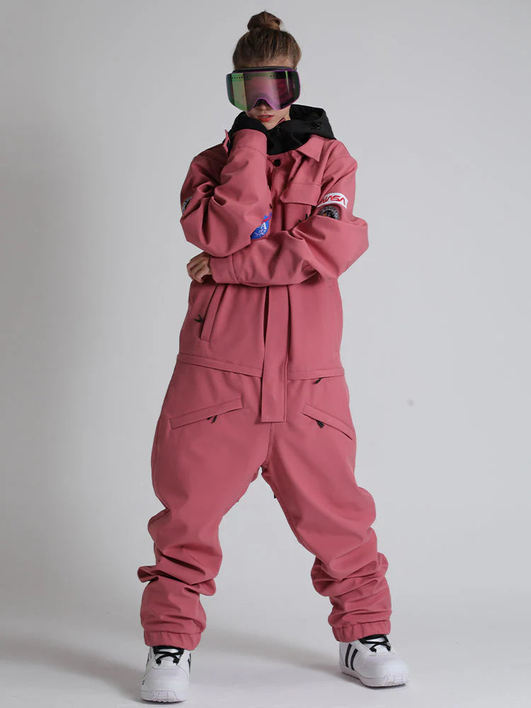 Women's Light Pink Breathable Multi-Pocket Loose-Fit One-Piece Snow Suits