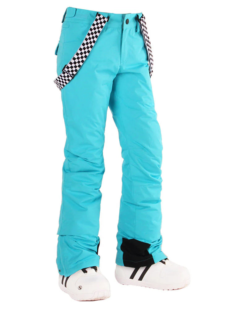 Women's Neon Purple Flare Snow Pants with Checkered Suspenders