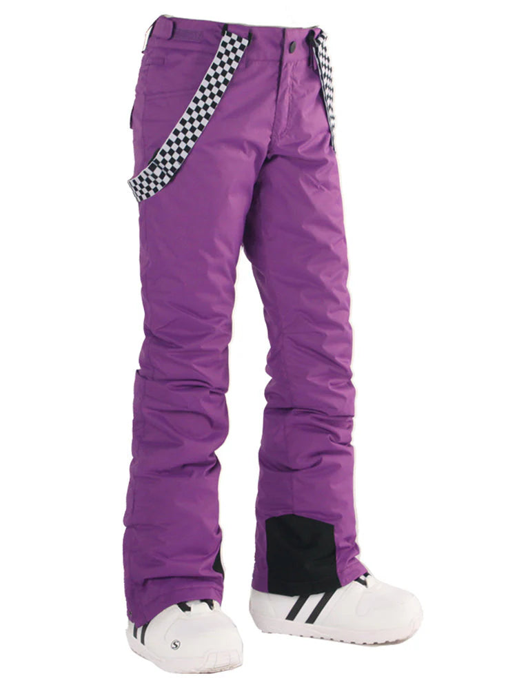 Women's Neon Cyan Flare Snow Pants with Checkered Suspenders