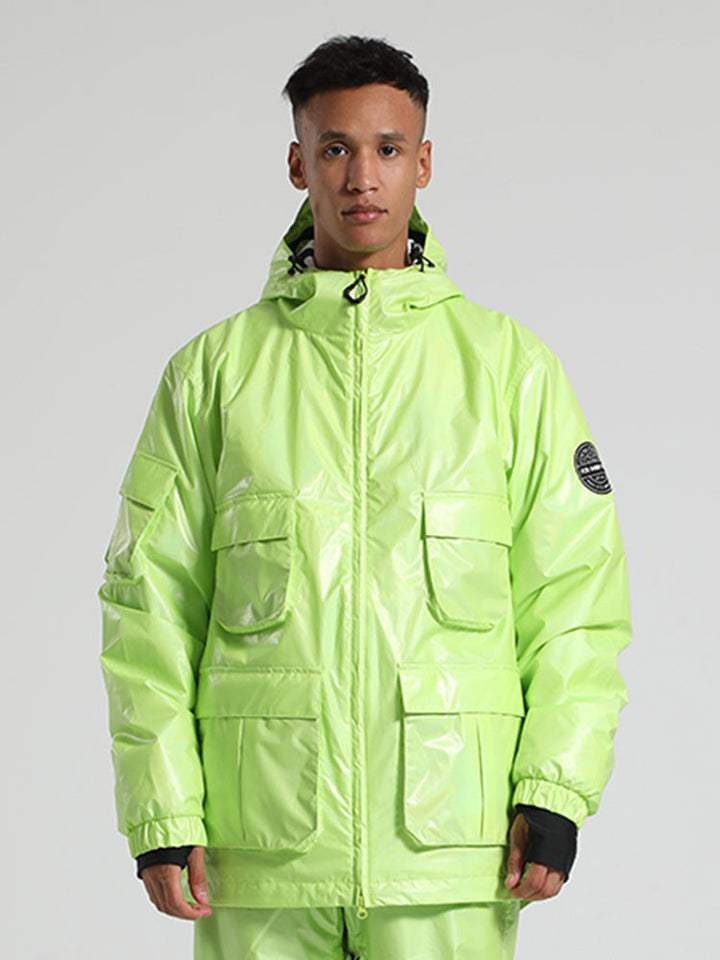 Men's Lime Green Multi-Pocket Glossy Insulated Waterproof Snow Jackets