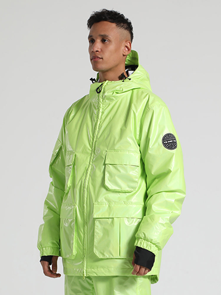 Men's Lime Green Multi-Pocket Glossy Insulated Waterproof Snow Jackets