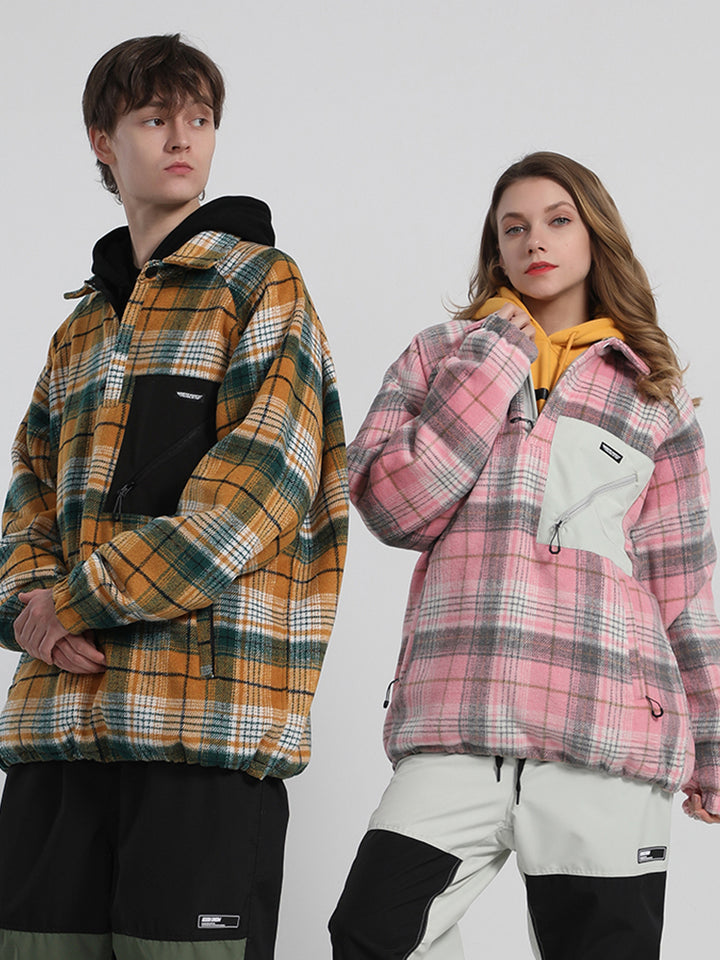 Gsou Snow Men's Pink Plaid Unisex Brighton Half Zip Snow Shirt Fleece Jacket