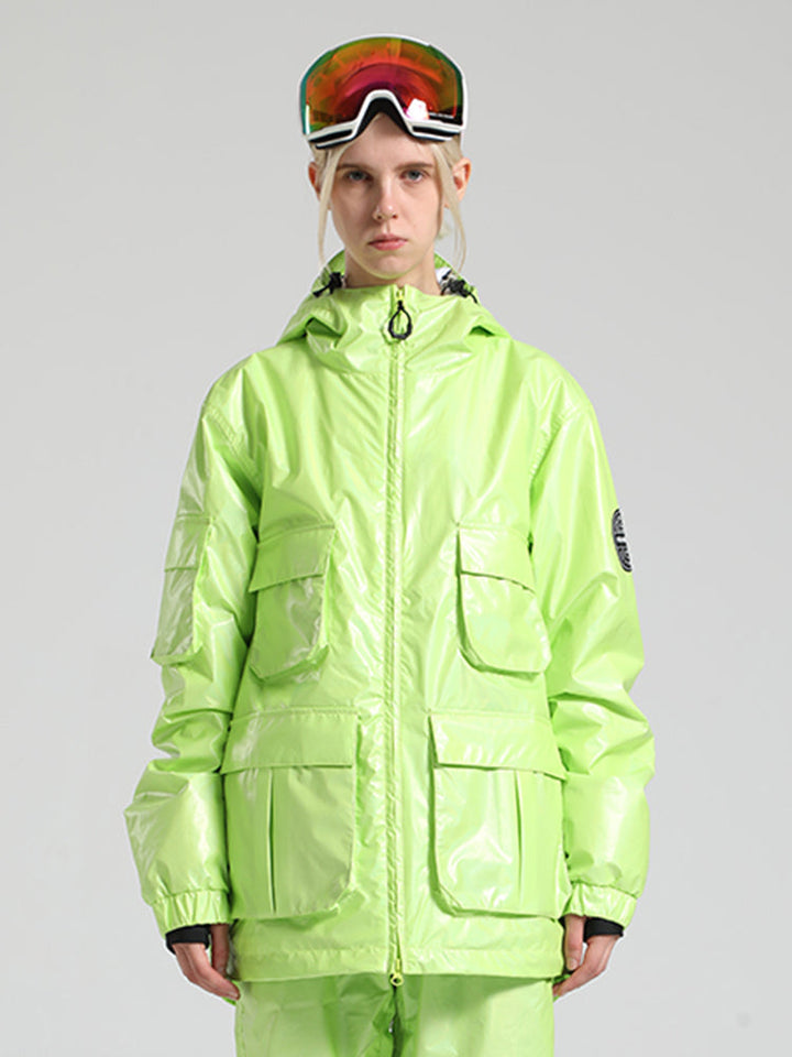 Women's Lime Green Multi-Pocket Glossy Insulated Waterproof Snow Jackets