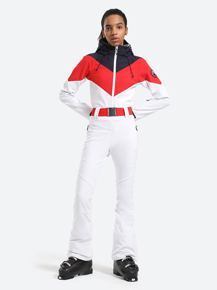 Women's Red & Navy All-in-One Belted Waterproof One-Piece Ski Suit