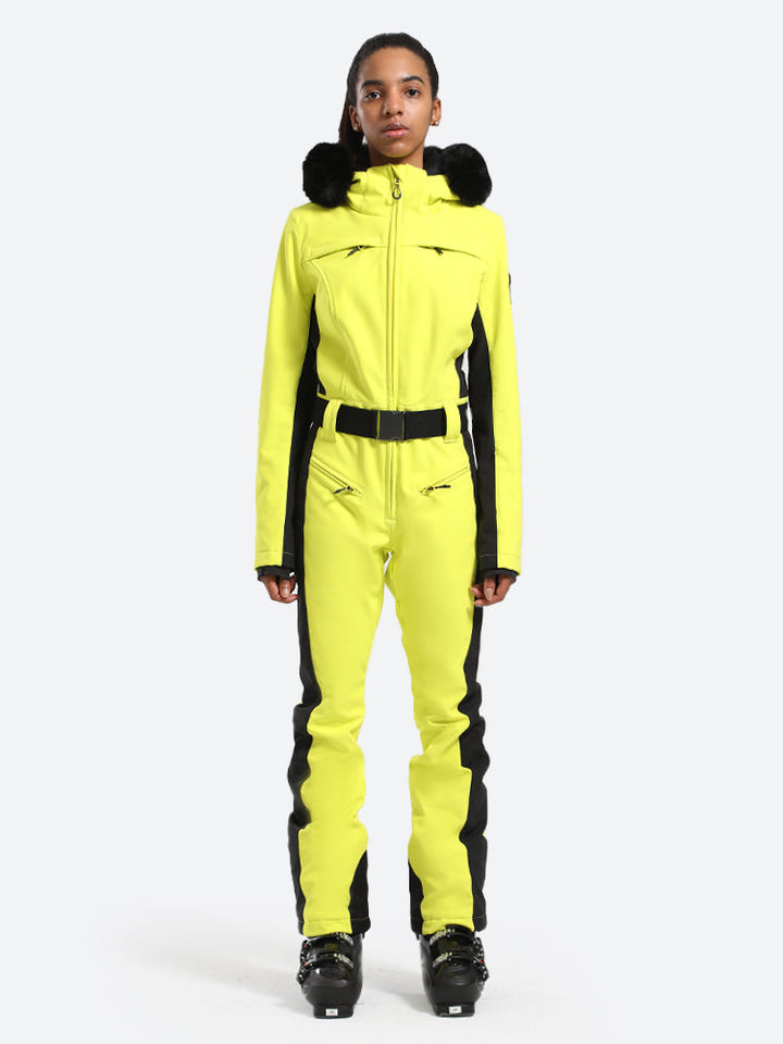 Women's Minimalist Faux Fur Neon Yellow Down One-piece Ski Suits