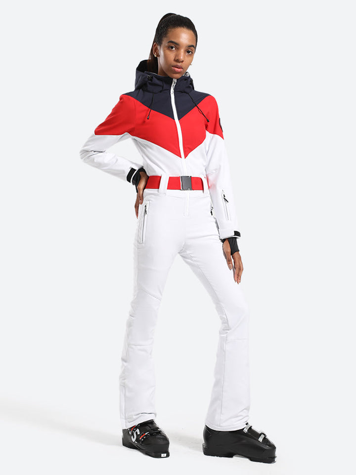 Women's White & Red All-in-One Belted Waterproof One-Piece Ski Suit