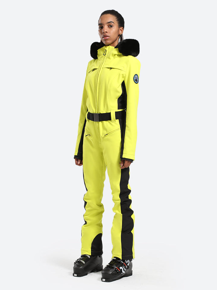 Women's Minimalist Faux Fur Neon Yellow Down One-piece Ski Suits