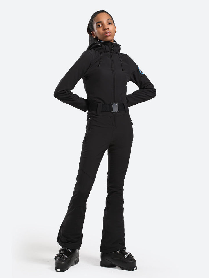 Women's Black One-Piece Ski Suits with Removable Hood