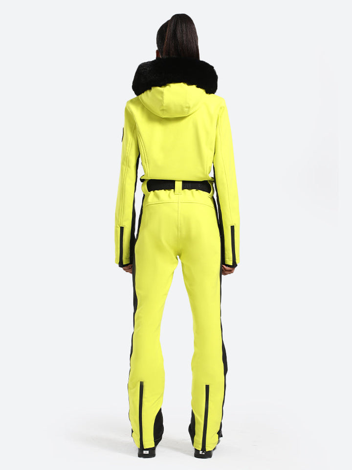 Women's Minimalist Faux Fur Neon Yellow Down One-piece Ski Suits