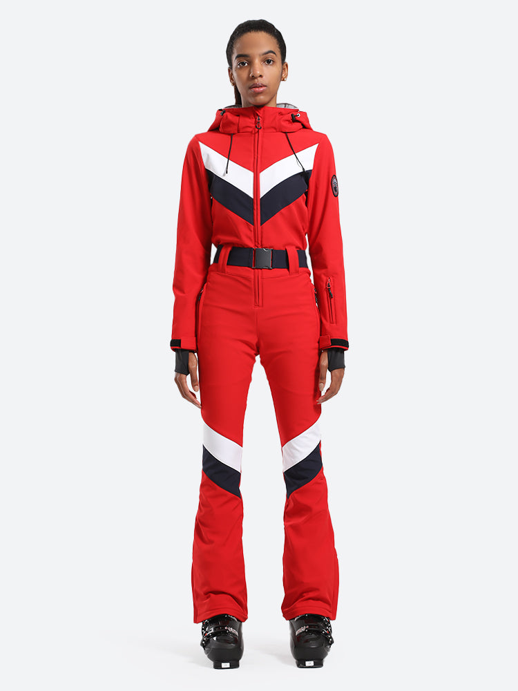 Women's Red Slim-Fit Waterproof One-Piece Ski Suits