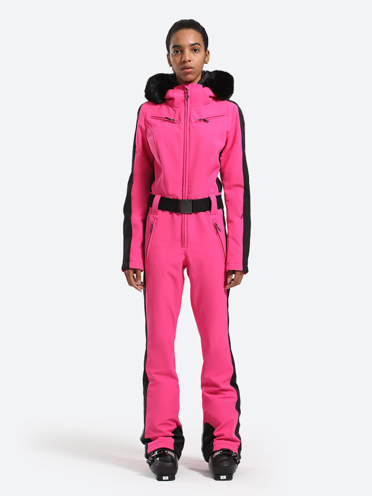 Women's Slim-Fit Stretch Faux Fur Fuchsia One-Piece Ski Suit