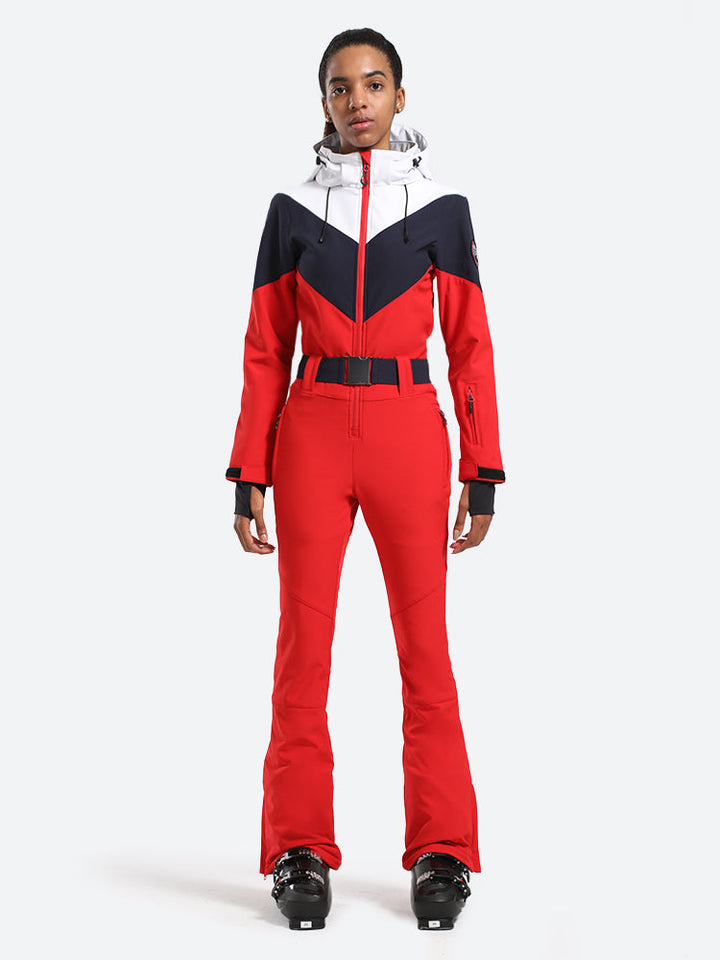 Women's Red & Navy All-in-One Belted Waterproof One-Piece Ski Suit