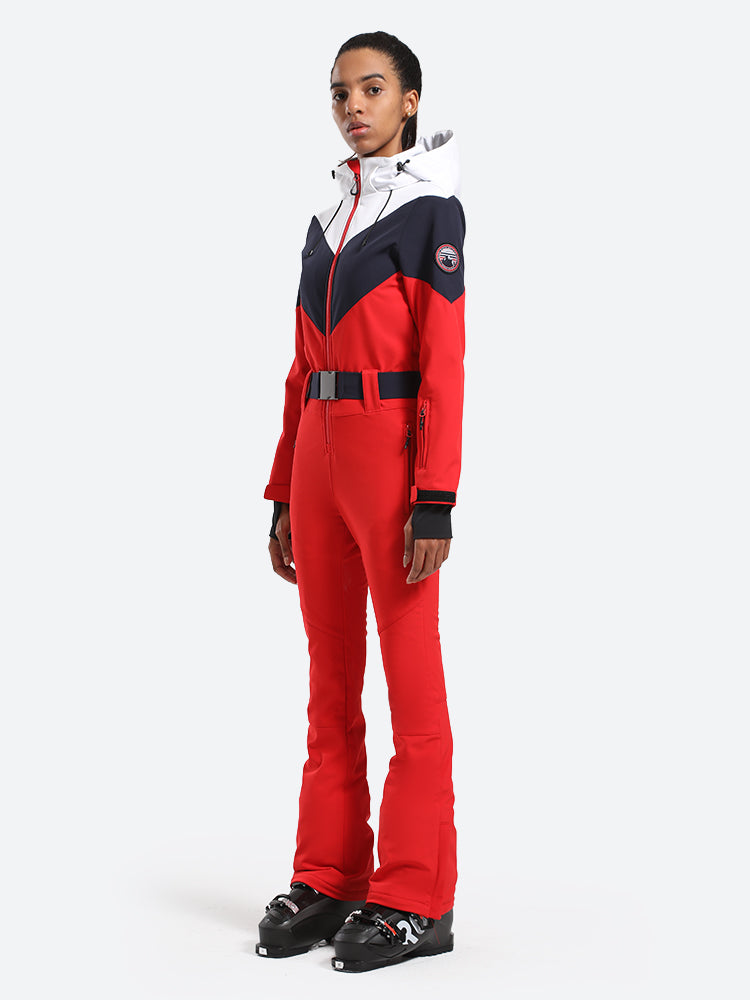 Women's Red & Navy All-in-One Belted Waterproof One-Piece Ski Suit