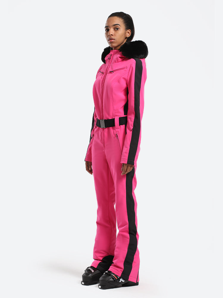 Women's Slim-Fit Stretch Faux Fur Fuchsia One-Piece Ski Suit