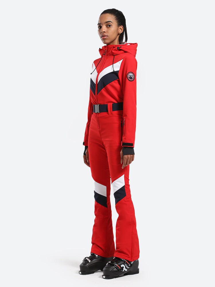 Women's Red Slim-Fit Waterproof One-Piece Ski Suits