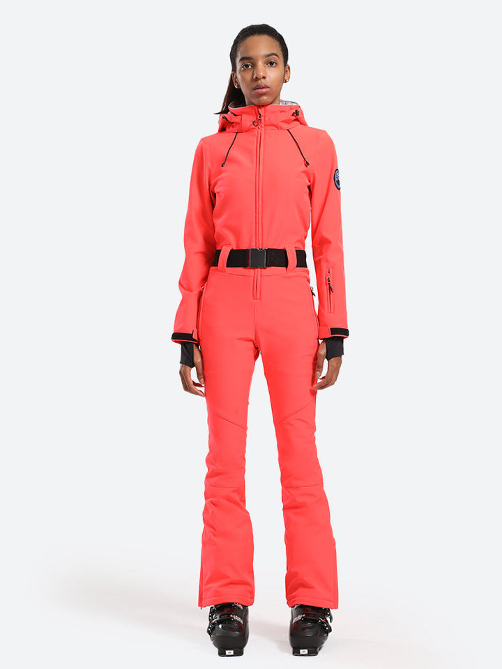 Women's Neon Red One-Piece Ski Suits with Removable Hood