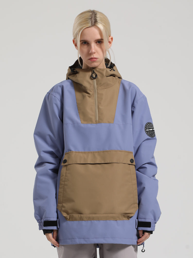 Women's Khaki & Beige Patchwork Kangaroo Pocket Snow Anoraks