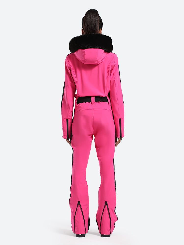 Women's Slim-Fit Stretch Faux Fur Fuchsia One-Piece Ski Suit