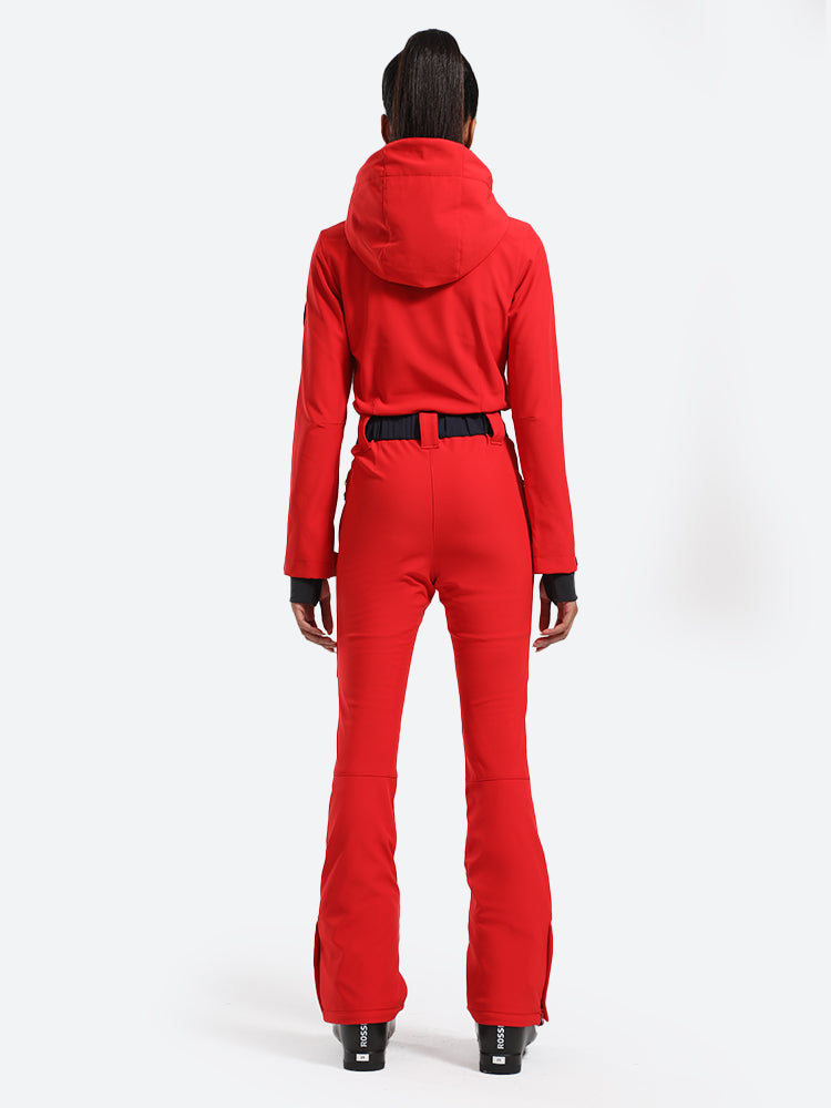 Women's Red Slim-Fit Waterproof One-Piece Ski Suits