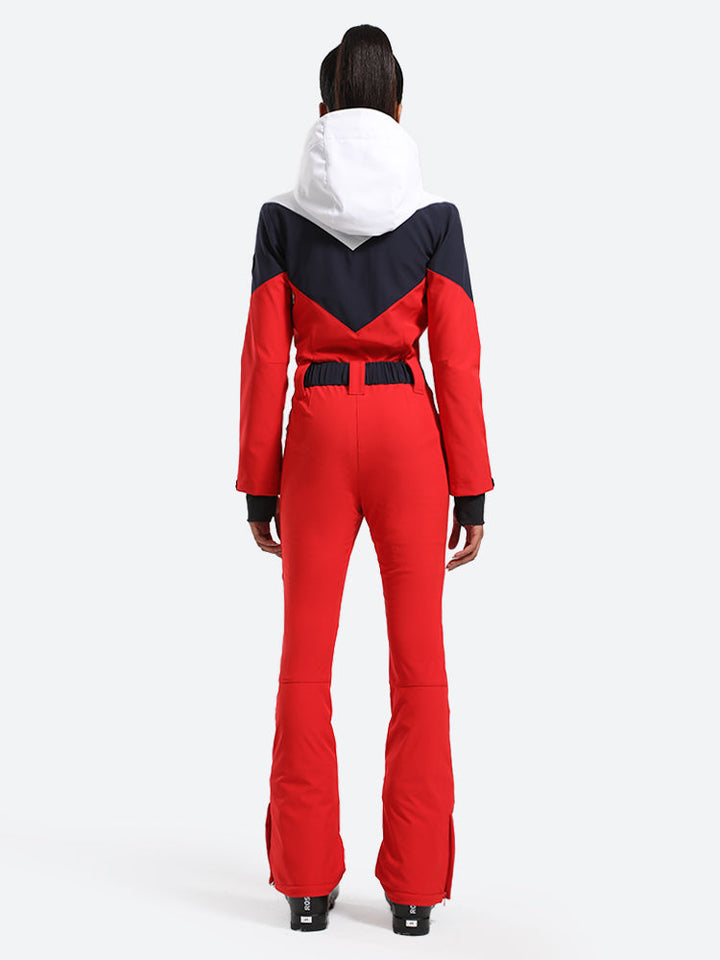 Women's Red & Navy All-in-One Belted Waterproof One-Piece Ski Suit