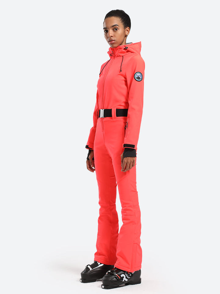 Women's Neon Red One-Piece Ski Suits with Removable Hood