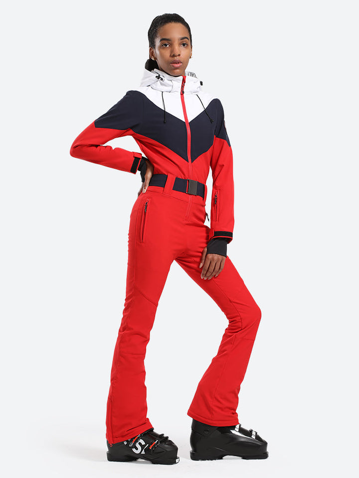 Women's Red & Navy All-in-One Belted Waterproof One-Piece Ski Suit