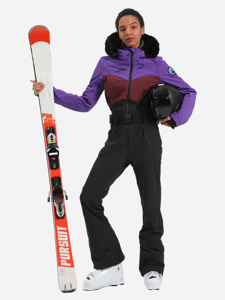 Women's Purple & Black Waist-Defining Waterproof Insulated One-Piece Ski Suits