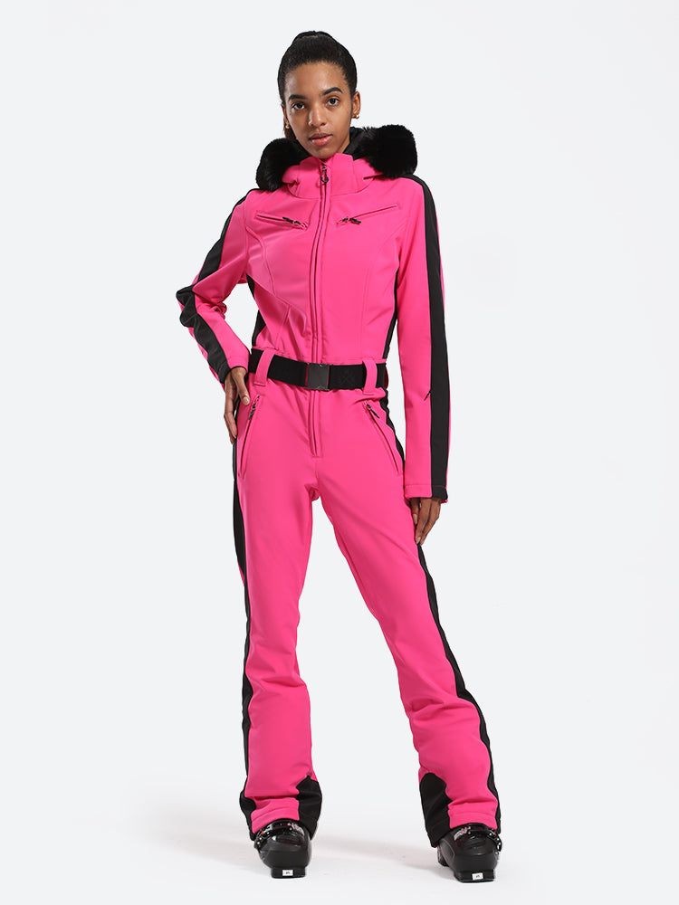 Women's Slim-Fit Stretch Faux Fur Fuchsia One-Piece Ski Suit