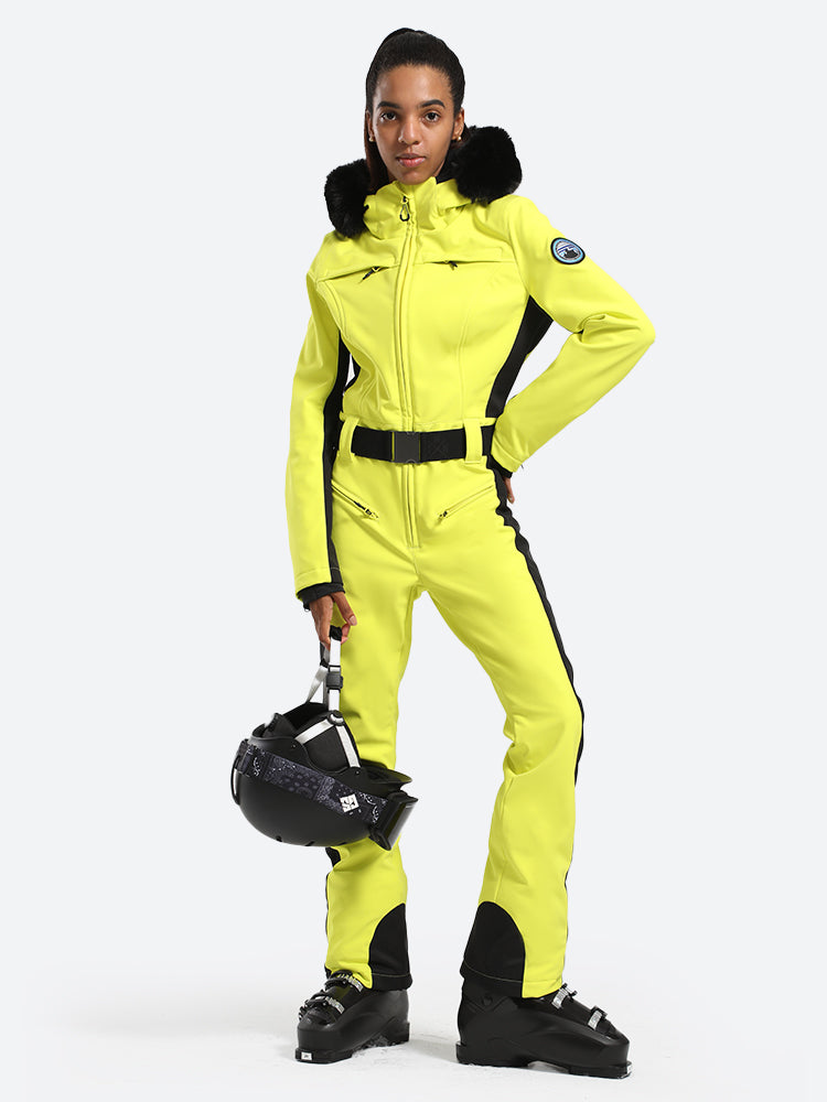 Women's Minimalist Faux Fur Neon Yellow Down One-piece Ski Suits