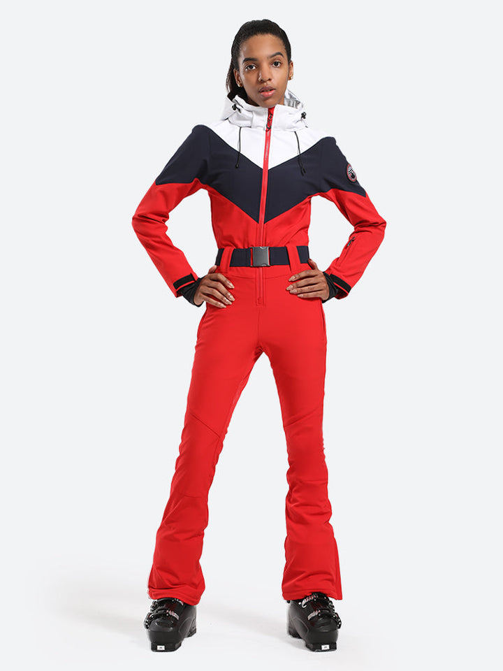 Women's Red & Navy All-in-One Belted Waterproof One-Piece Ski Suit