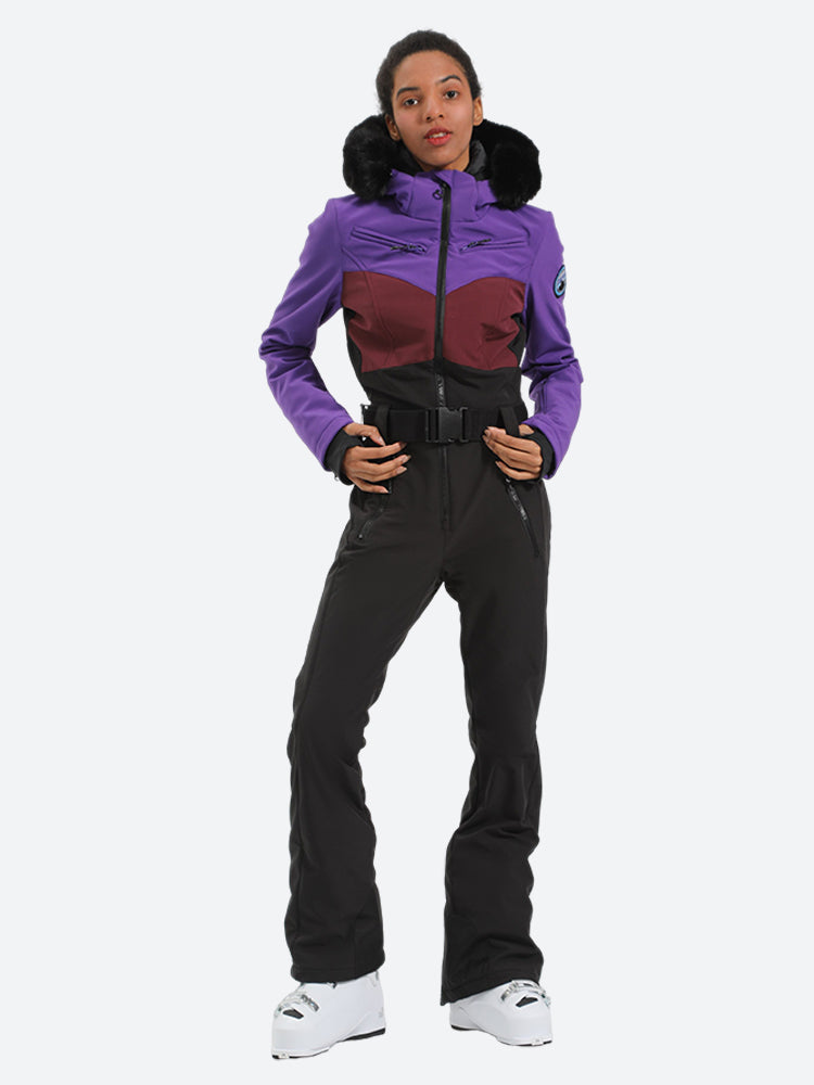 Women's Purple & Black Waist-Defining Waterproof Insulated One-Piece Ski Suits