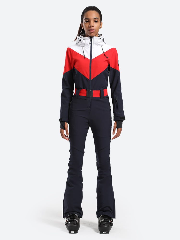 Women's White & Red All-in-One Belted Waterproof One-Piece Ski Suit