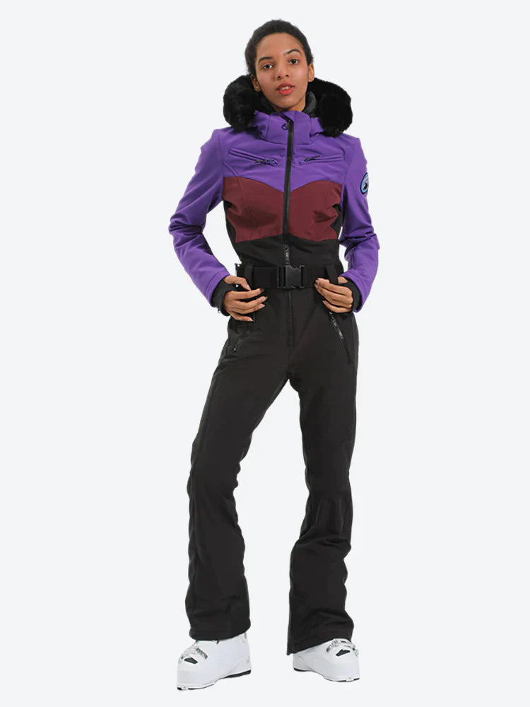 Women's Lavender & Navy Waist-Defining Waterproof Insulated One-Piece Ski Suits