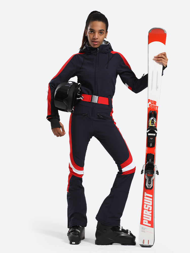 Gsou Snow Damen-Einteiler-Skianzug mit vertikalen Streifen und Kapuze 