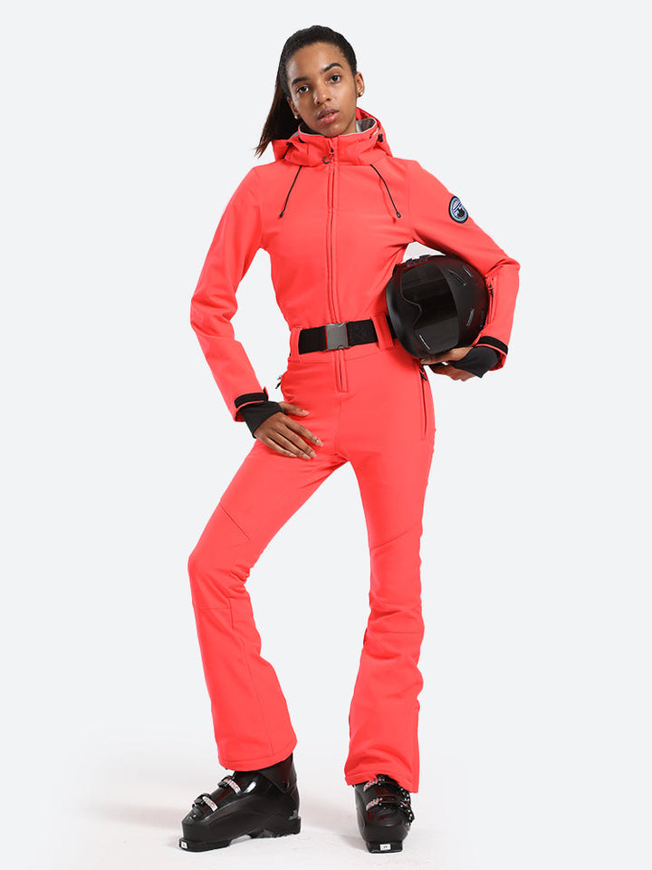 Women's White One-Piece Ski Suits with Removable Hood