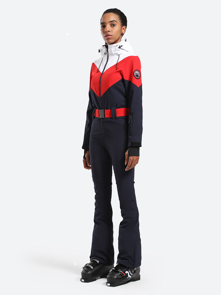 Women's Navy & Red All-in-One Belted Waterproof One-Piece Ski Suit