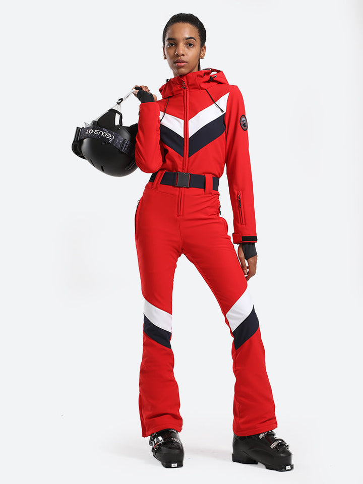 Women's Red Slim-Fit Waterproof One-Piece Ski Suits