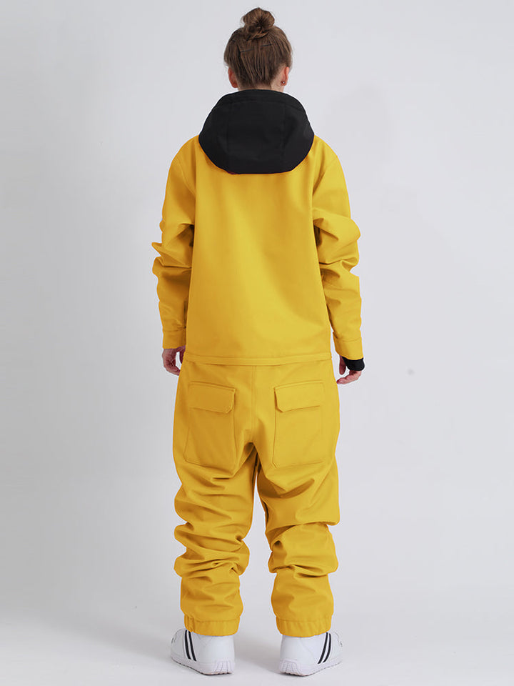 Women's Yellow Breathable Multi-Pocket Loose-Fit One-Piece Snow Suits