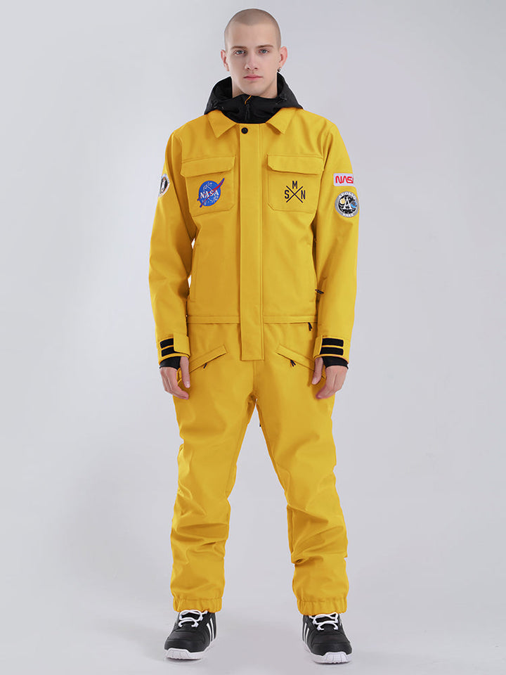 Men's Yellow Breathable Multi-Pocket Loose-Fit One-Piece Snow Suits